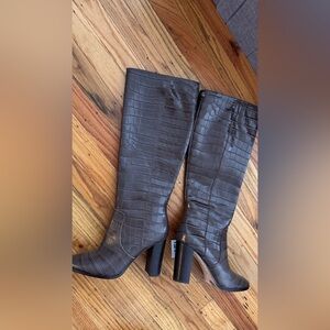 Lauren Ralph Lauren Croc-Embossed Over the Knee Boots in Dark Brown